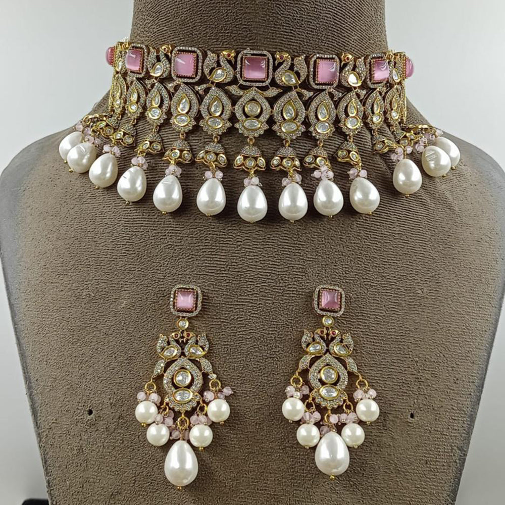 JCM Gold Plated Polki Kundan Stone And Beads Choker Necklace Set