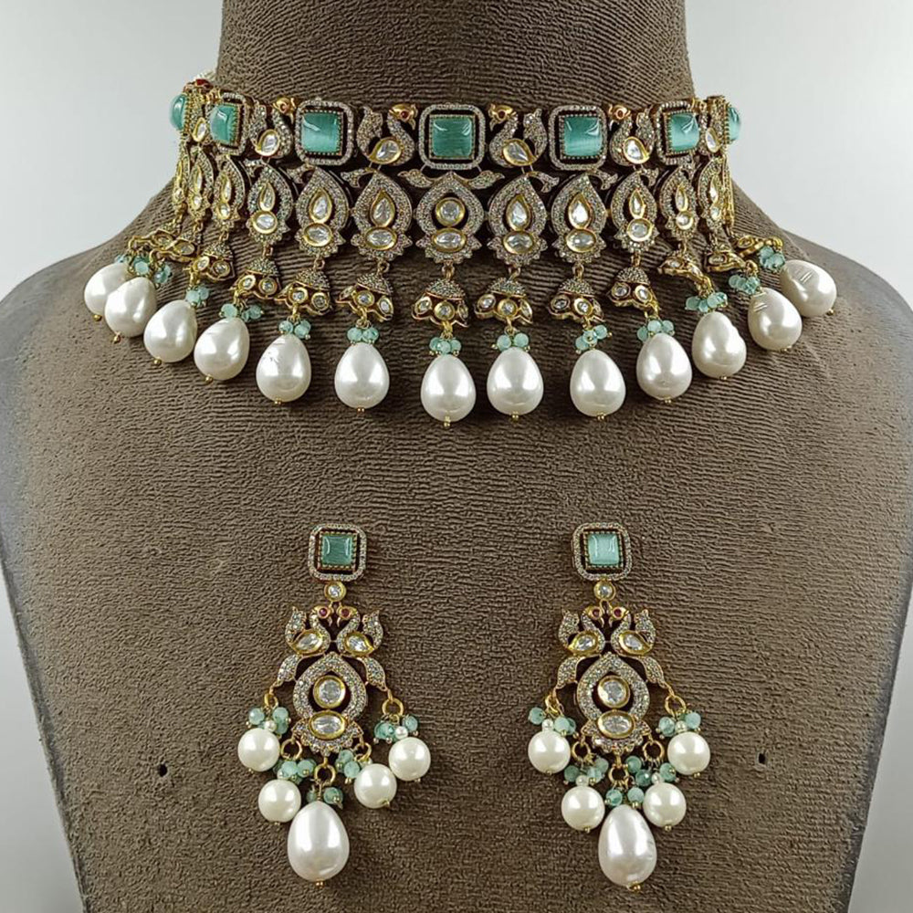 JCM Gold Plated Polki Kundan Stone And Beads Choker Necklace Set