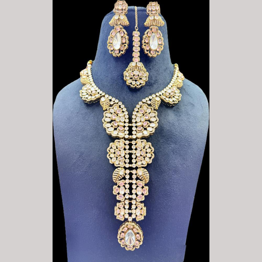 JCM Gold Plated Polki Kundan Stone Long Necklace Set
