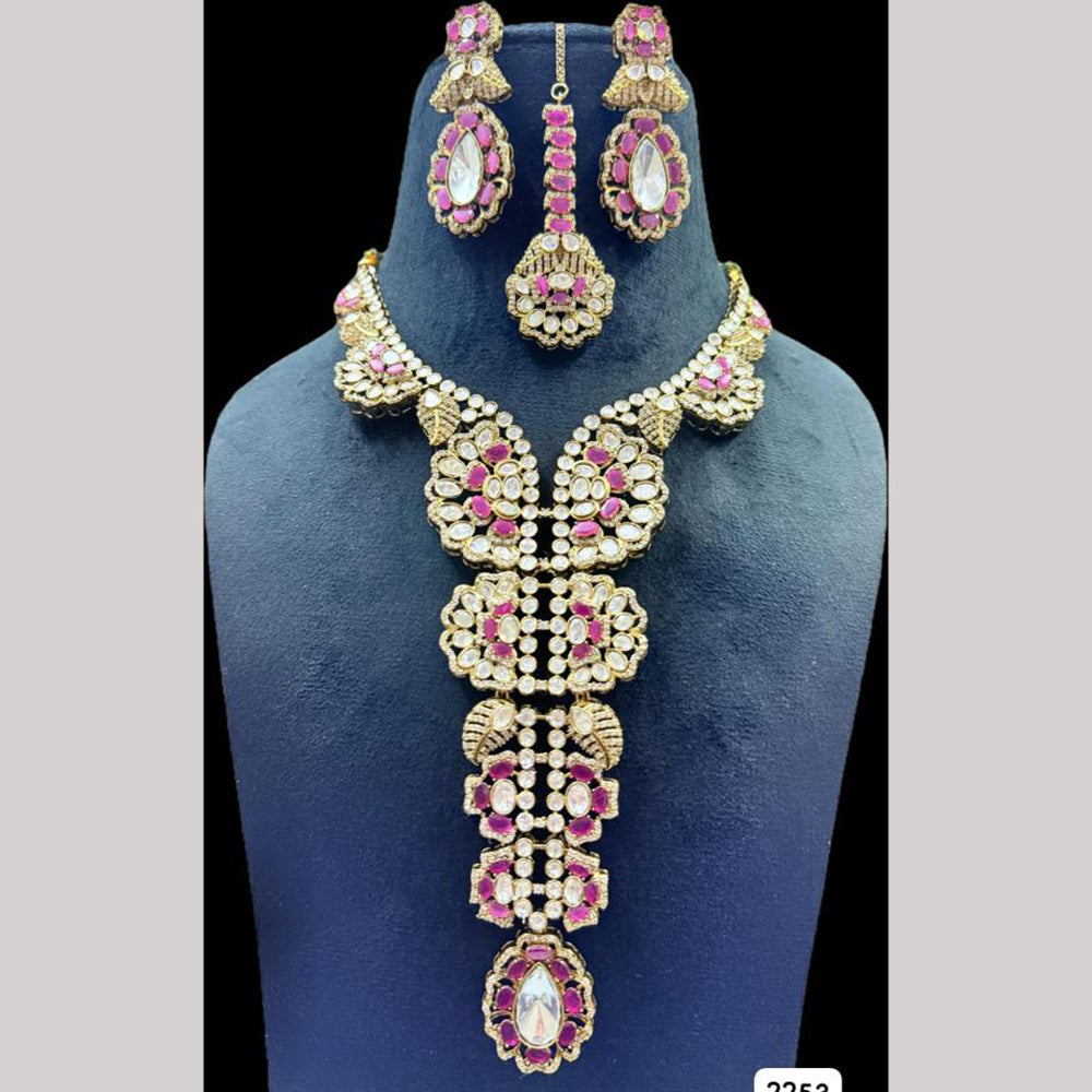 JCM Gold Plated Polki Kundan Stone Long Necklace Set