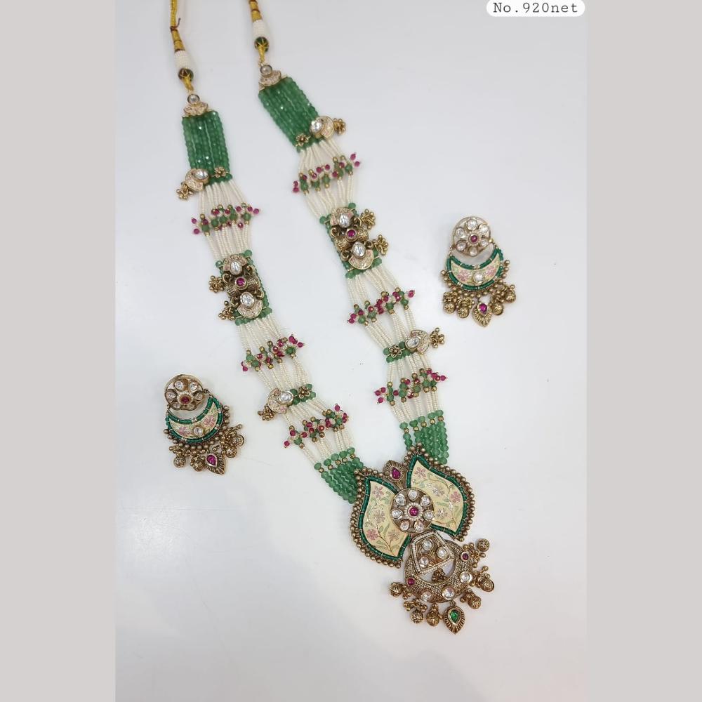 JCM Gold Plated Pota Stone And Pearls Meenakari Long Necklace Set