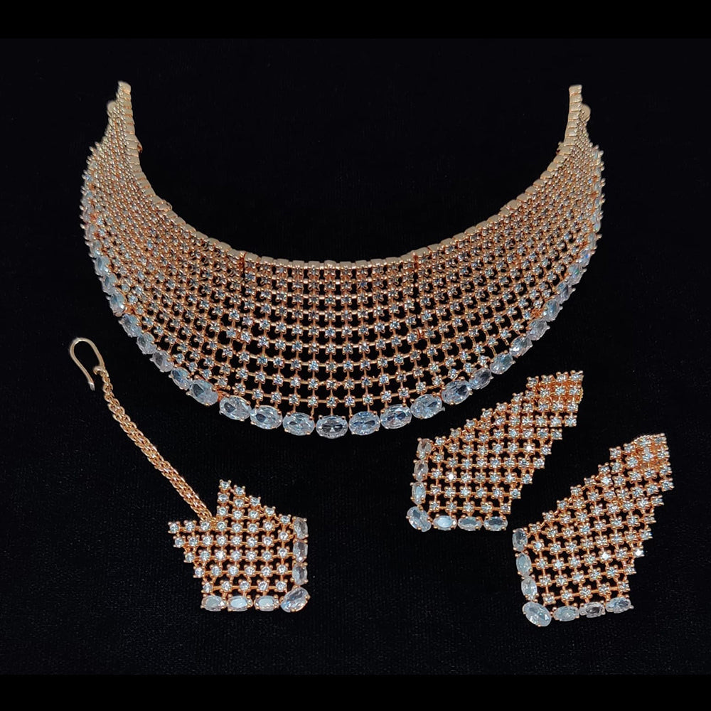 JCM Rose Gold Plated American Diamond Choker Necklace Set