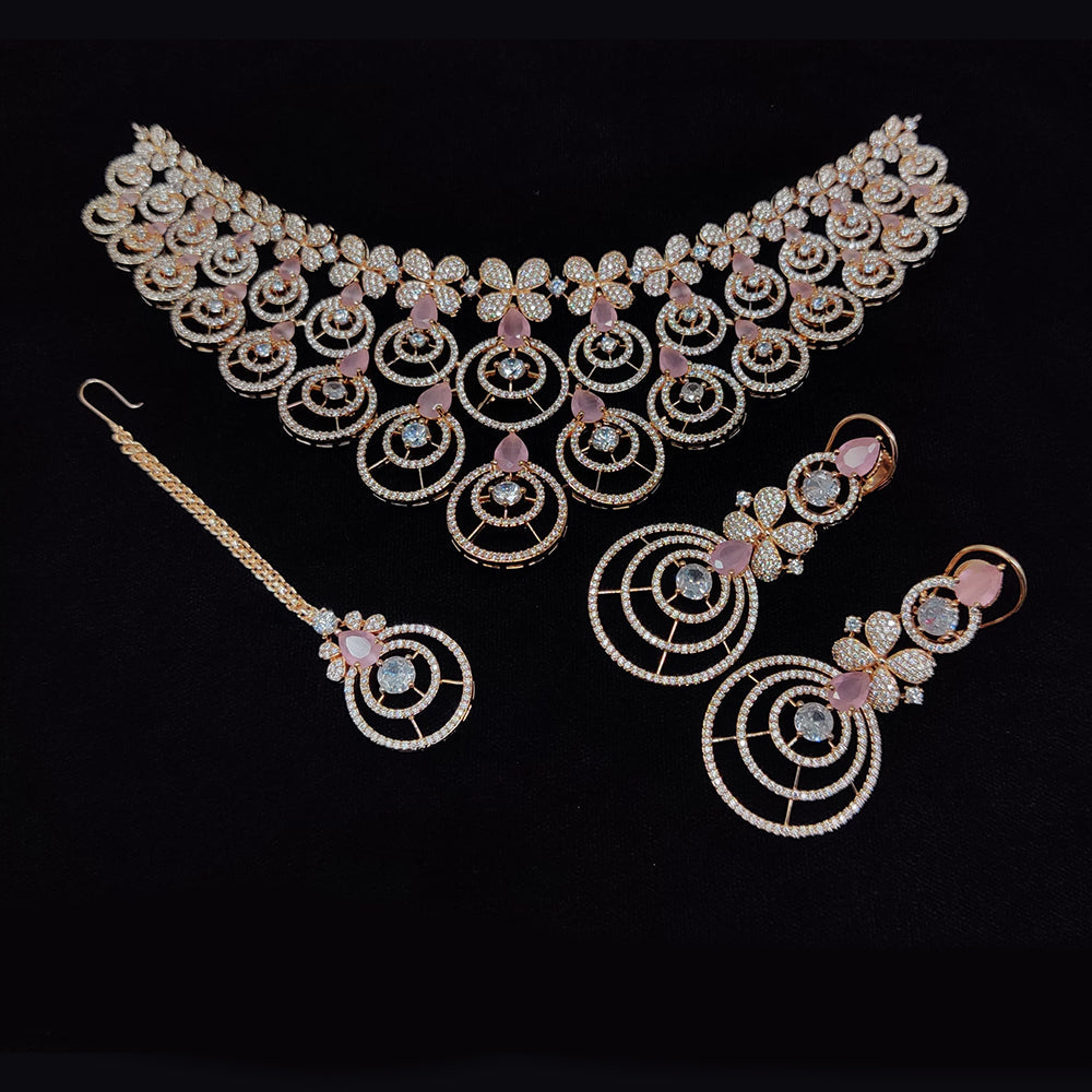 JCM Rose Gold Plated American Diamond Choker Necklace Set