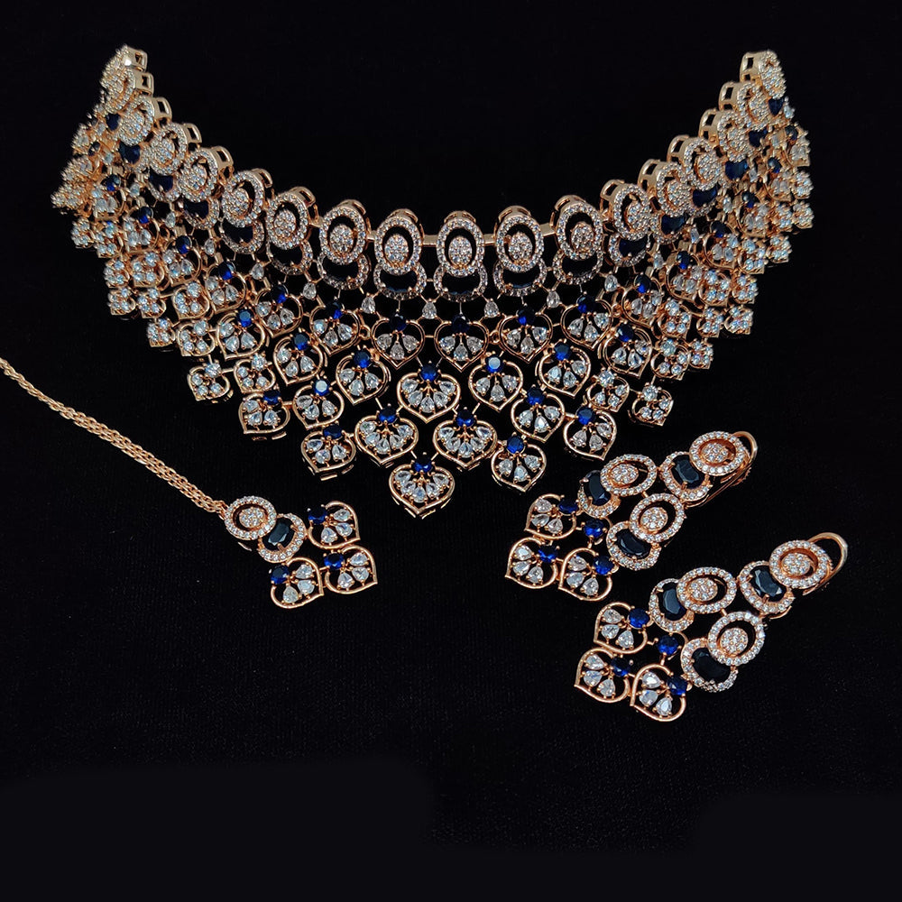 JCM Rose Gold Plated American Diamond Choker Necklace Set