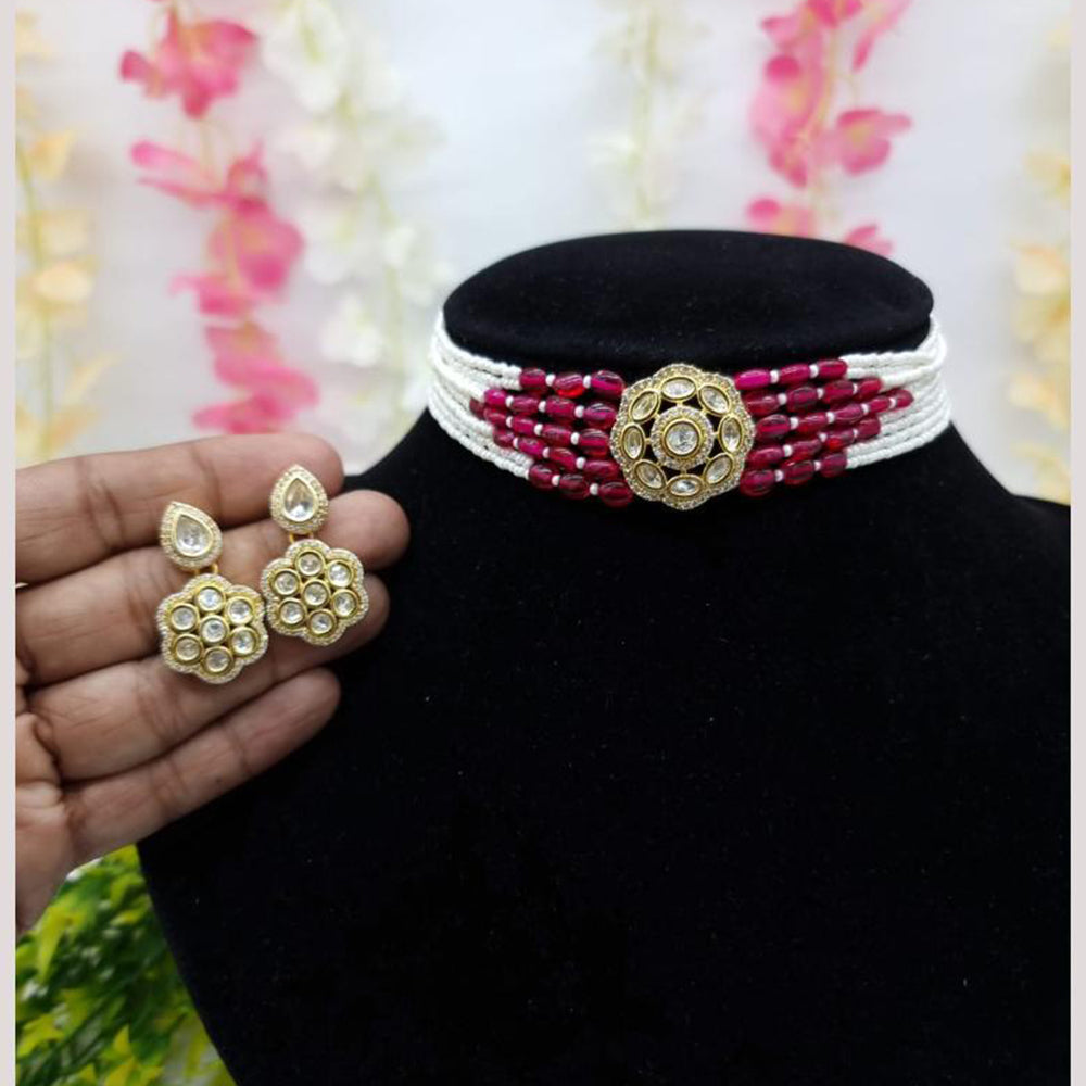 JCM Gold Plated Crystal Stone And Pearls Choker Necklace Set