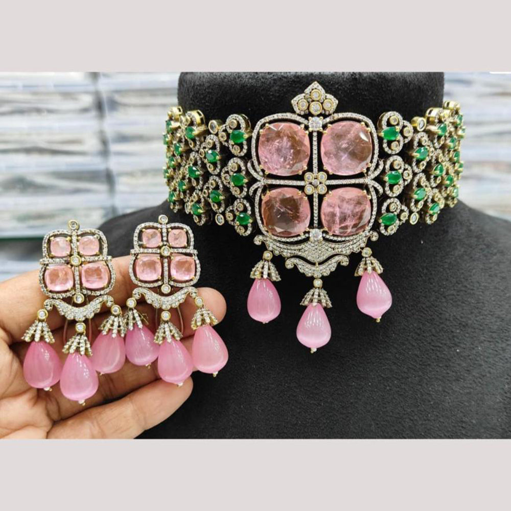 JCM Gold Plated American Diamond And Beads Choker Necklace Set