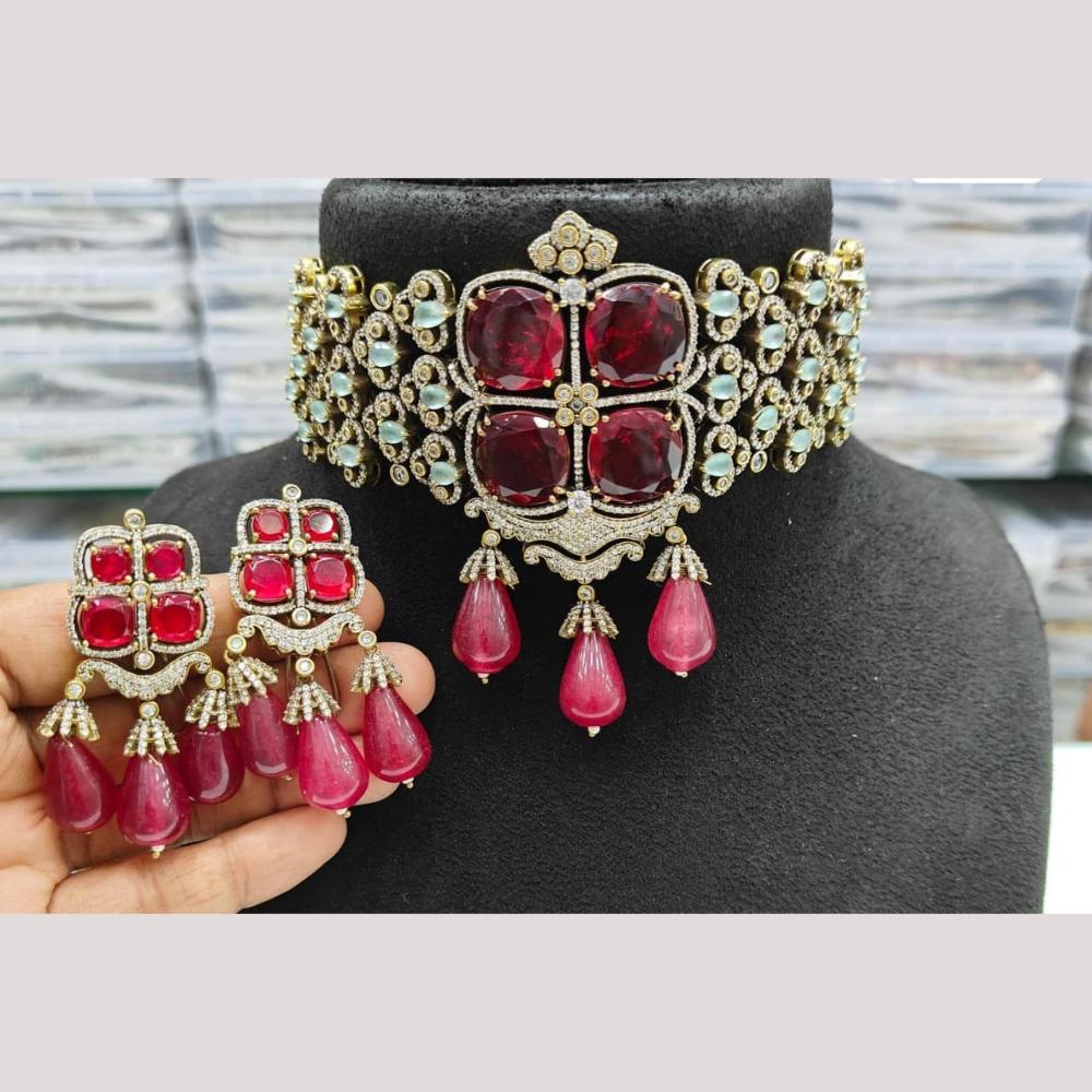 JCM Gold Plated American Diamond And Beads Choker Necklace Set