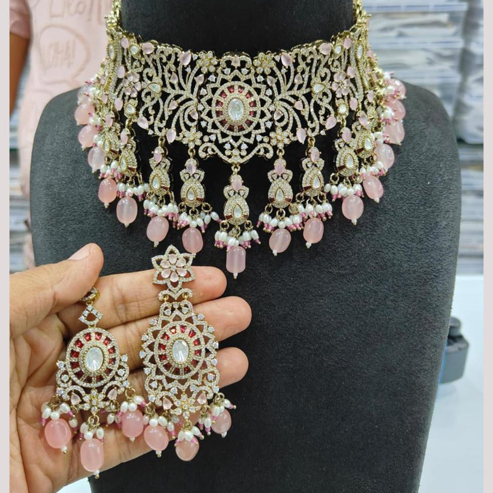 JCM Gold Plated American Diamond And Beads Choker Necklace Set