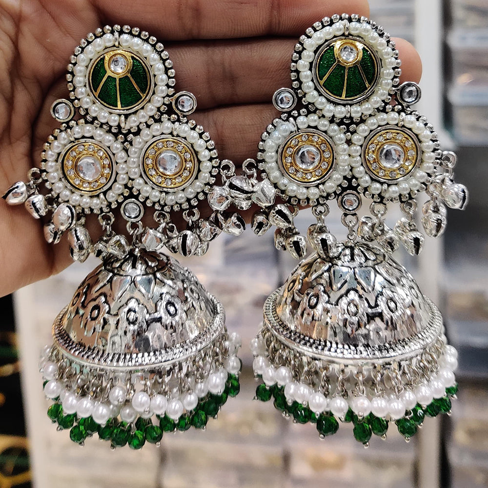 JCM 2 Tone Kundan Stone Ghungroo And Pearls Jhumki