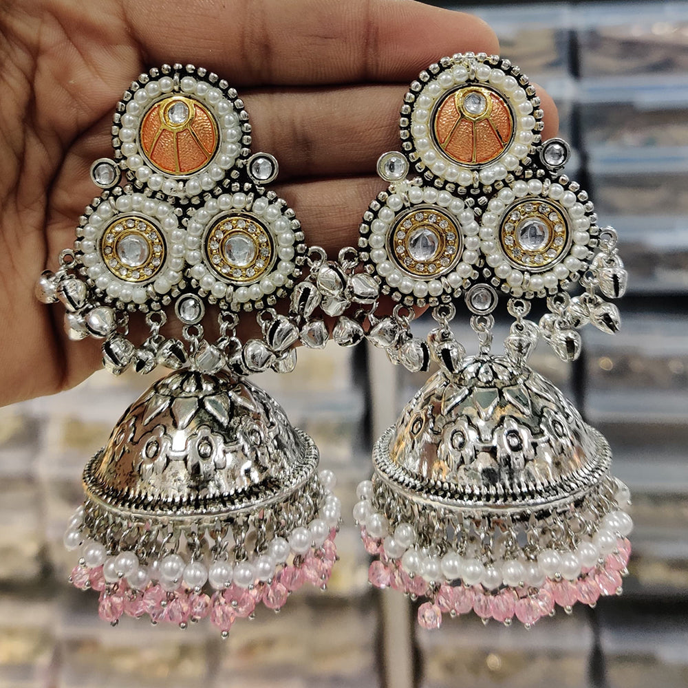 JCM 2 Tone Kundan Stone Ghungroo And Pearls Jhumki