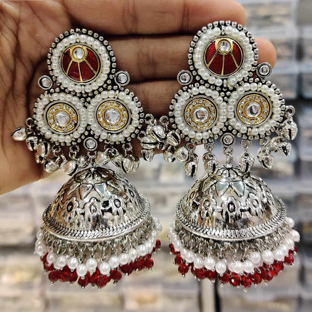 JCM 2 Tone Kundan Stone Ghungroo And Pearls Jhumki