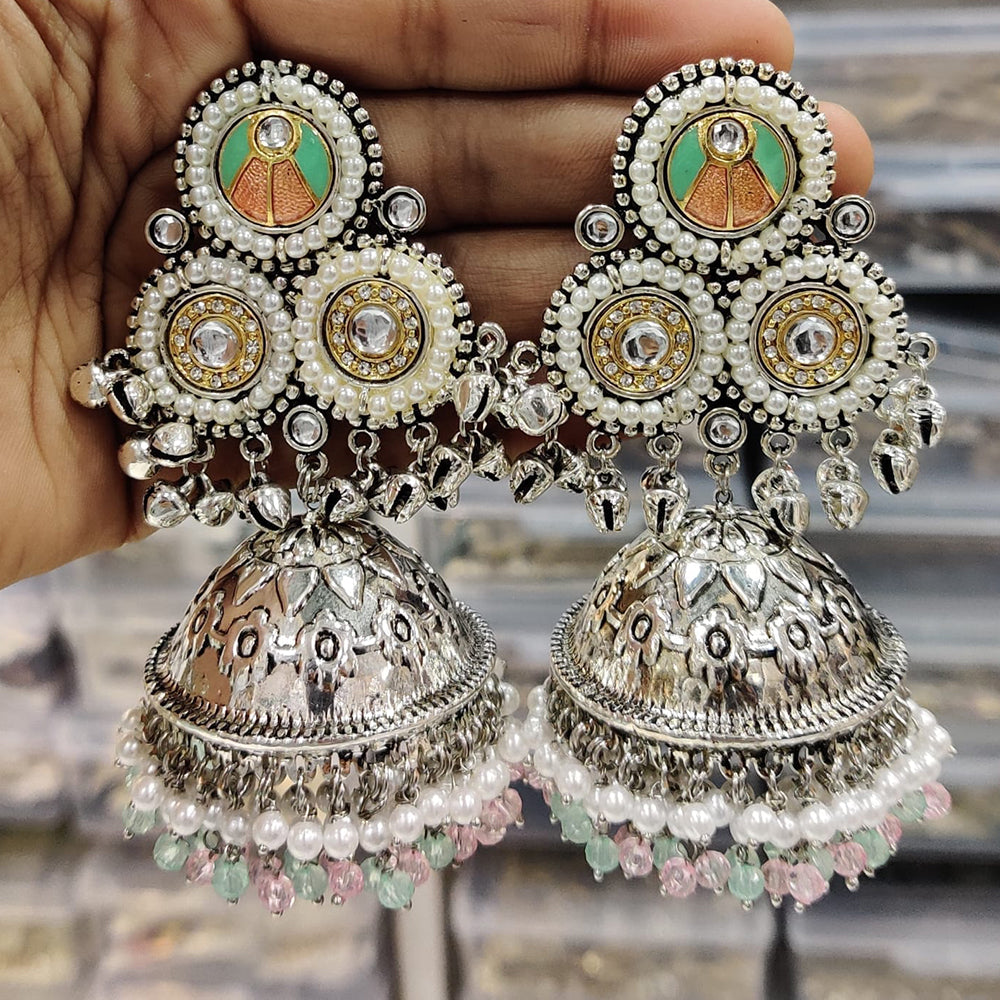 JCM 2 Tone Kundan Stone Ghungroo And Pearls Jhumki