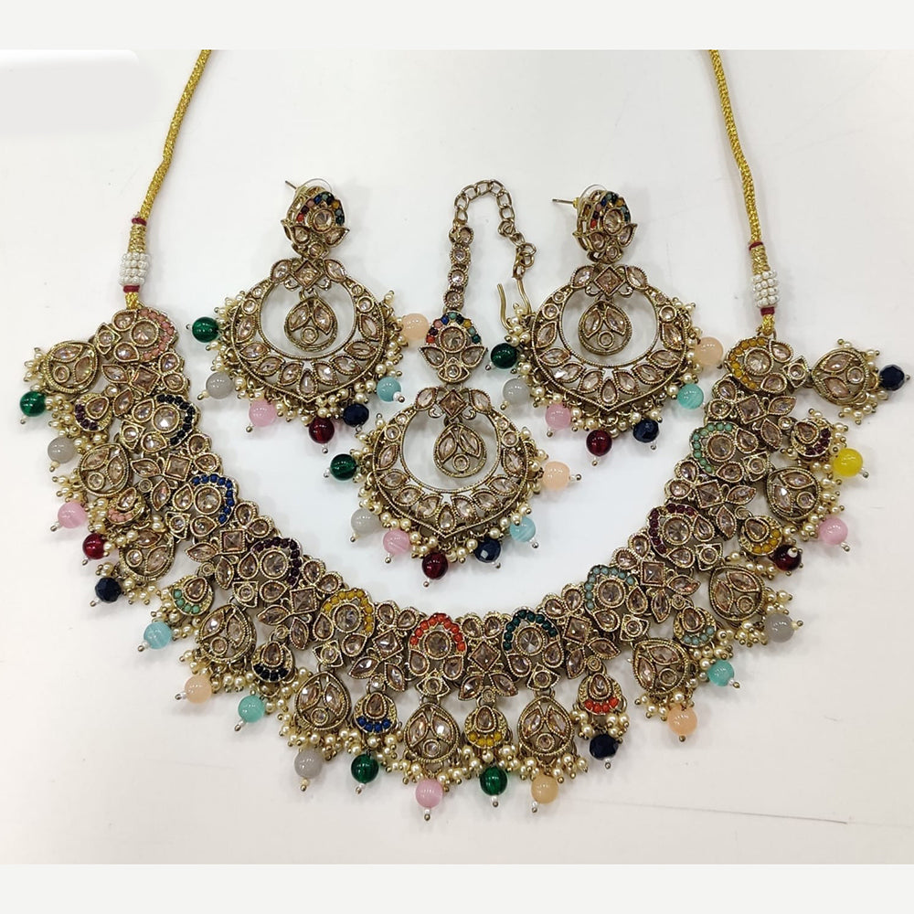 JCM Gold Plated Crystal Stone And Pearls Beads Necklace Set
