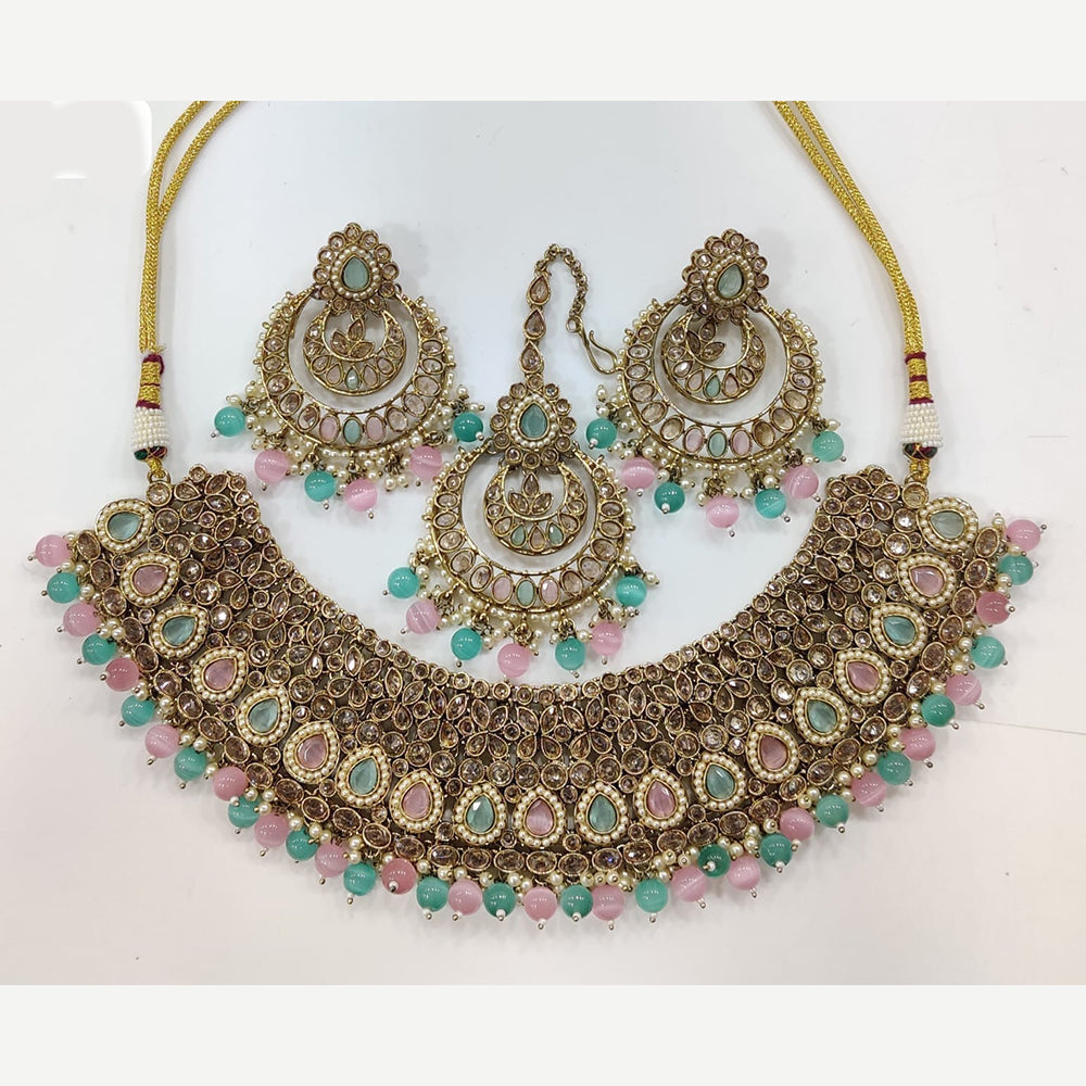 JCM Gold Plated Crystal Stone And Pearls Beads Necklace Set