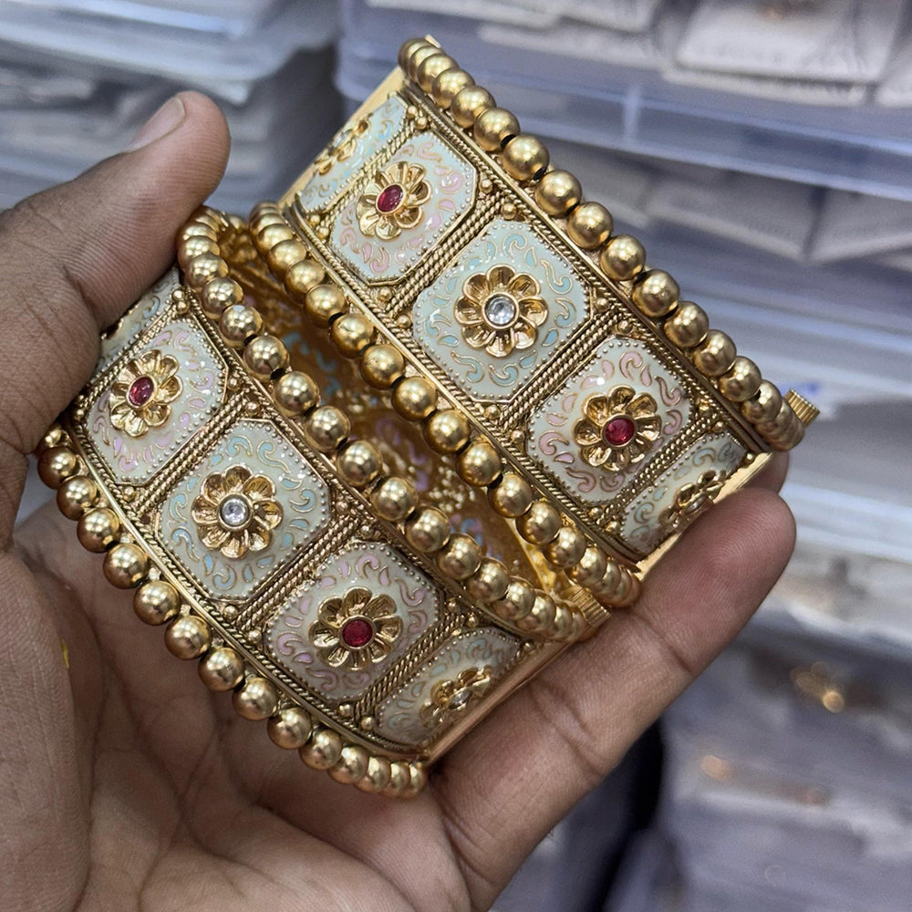 JCM Gold Plated Pota Stone And Meenakari Openable Bangles Set