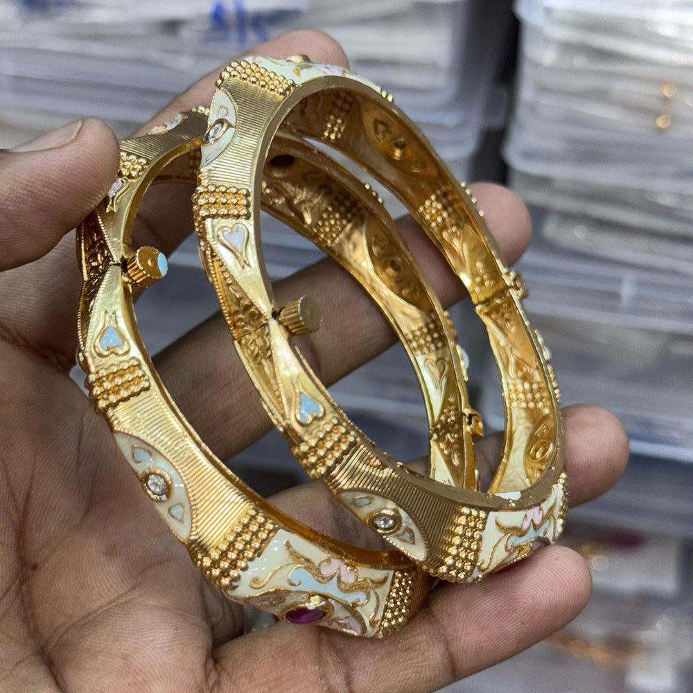 JCM Gold Plated Pota Stone And Meenakari Openable Bangles Set