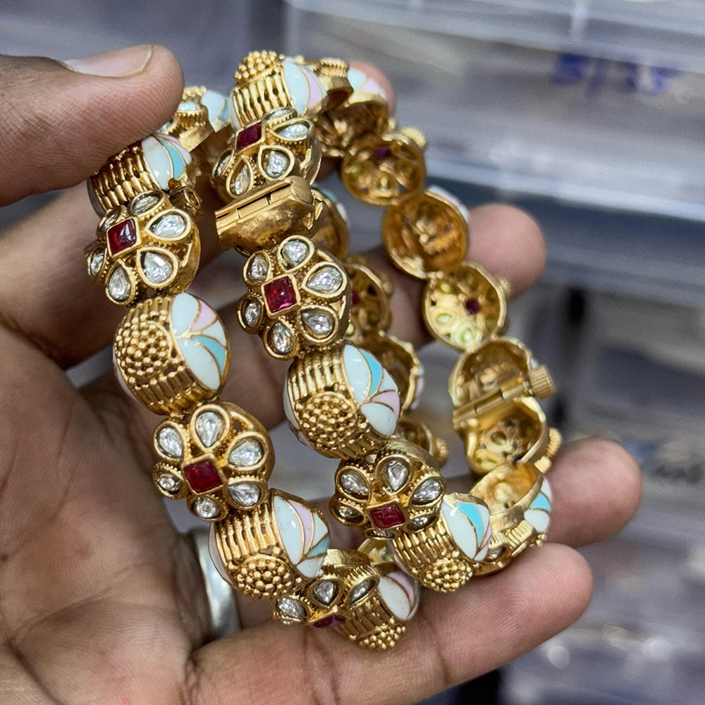 JCM Gold Plated Pota Stone And Meenakari Openable Bangles Set