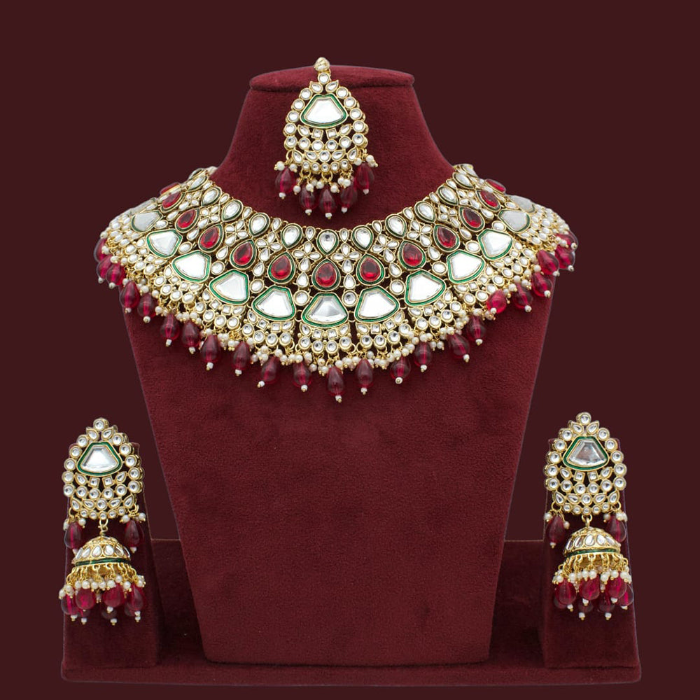 JCM Gold Plated Kundan Stone Beads And Meenakari Choker Necklace Set
