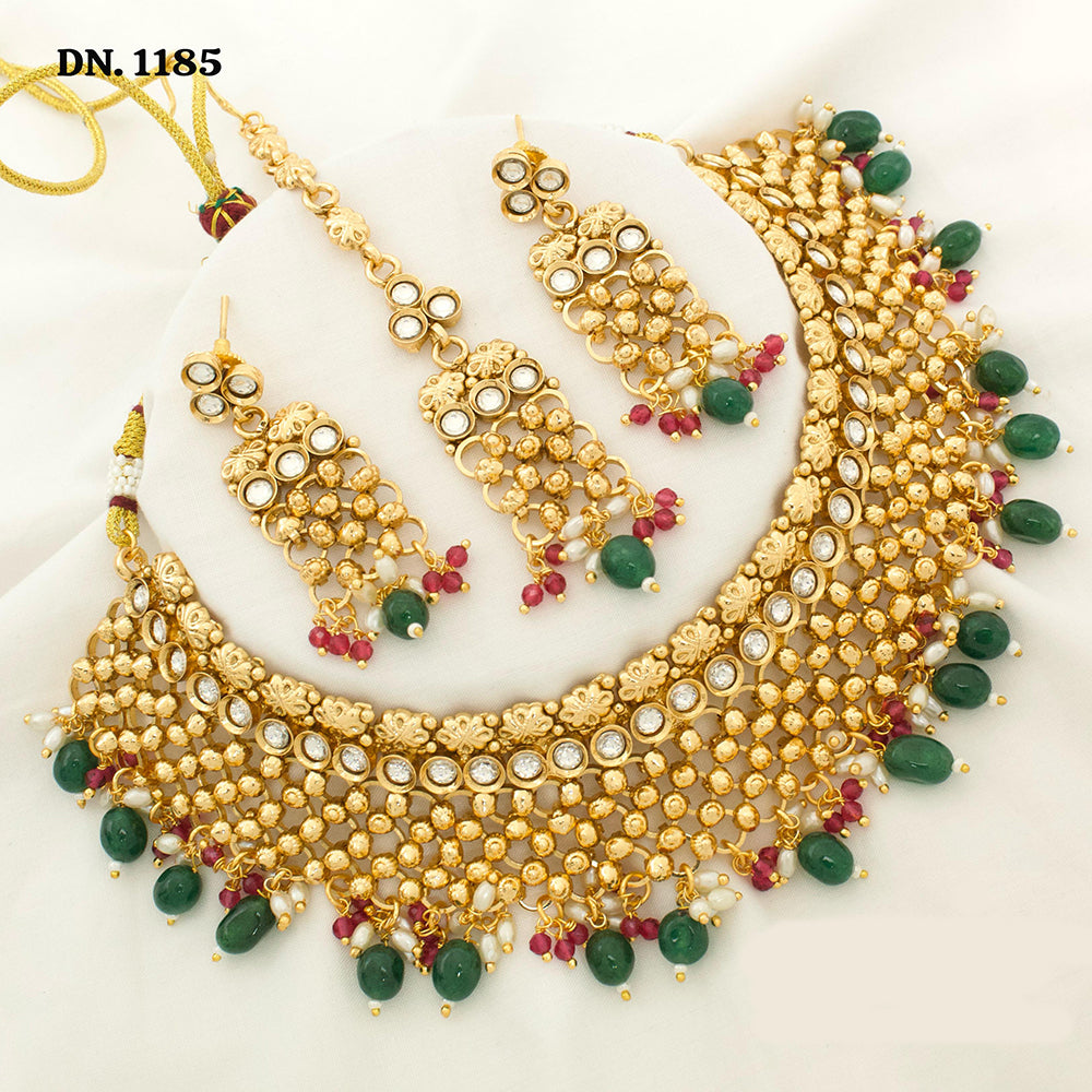 JCM Gold Plated Kundan Stone And Beads Choker Necklace Set