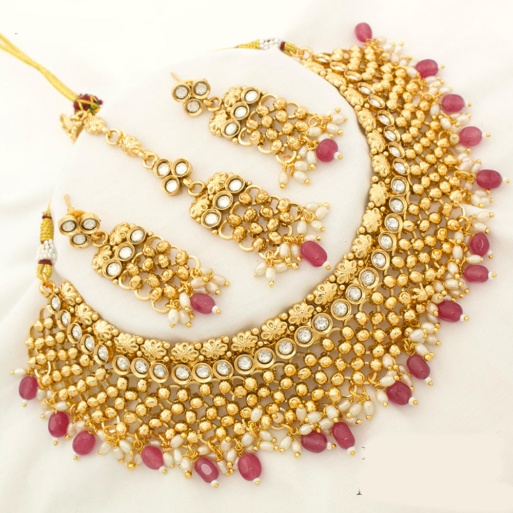 JCM Gold Plated Kundan Stone And Beads Choker Necklace Set