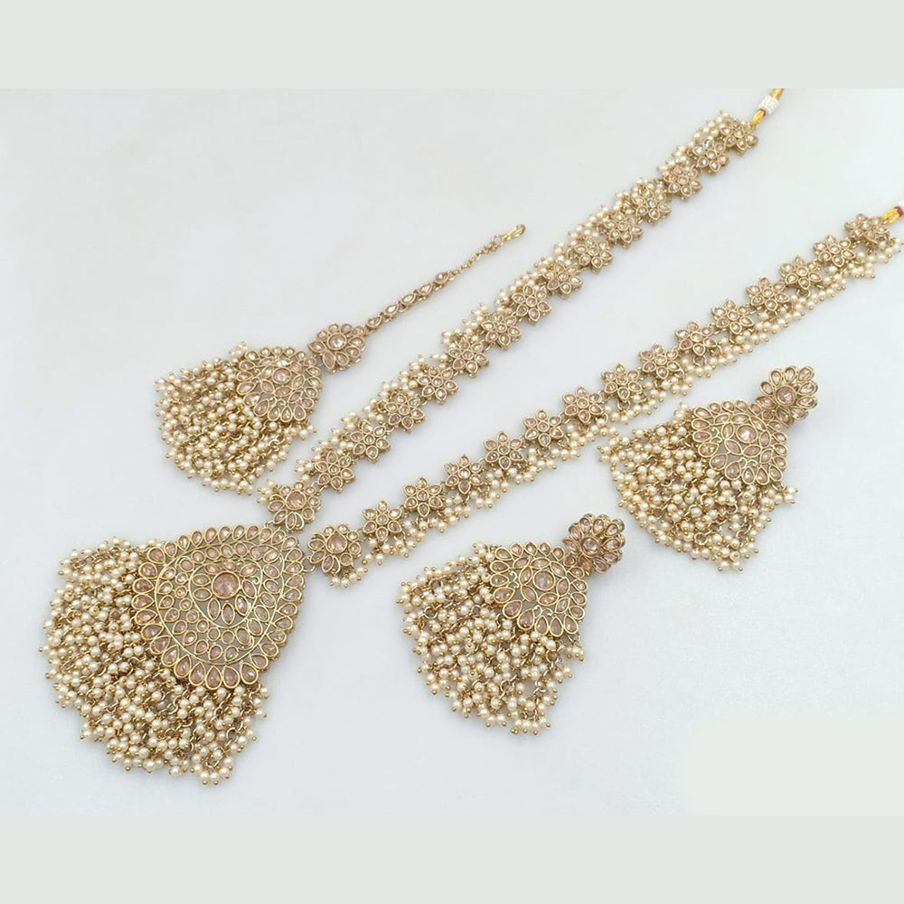 JCM Gold Plated Crystal Stone And Pearls Long Necklace Set