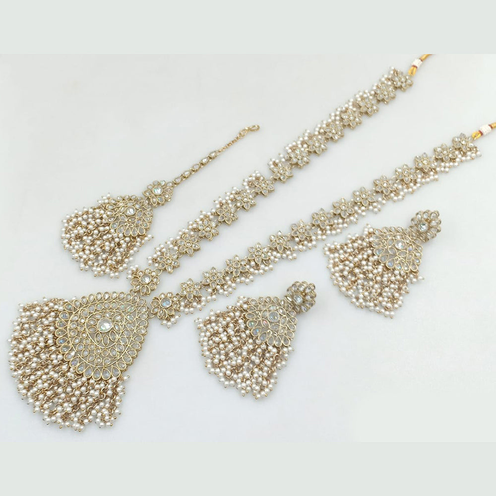 JCM Gold Plated Crystal Stone And Pearls Long Necklace Set