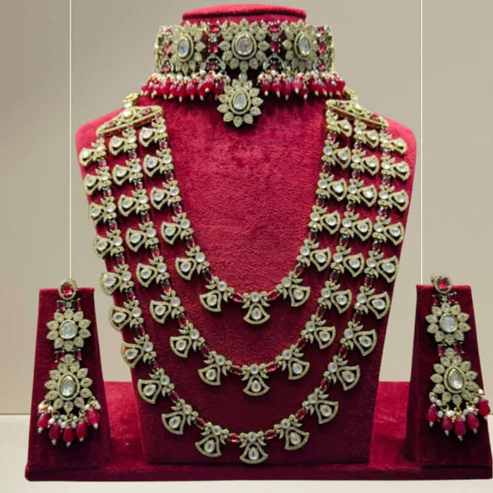 JCM Gold Plated Polki Kundan Stone Double Necklace Set