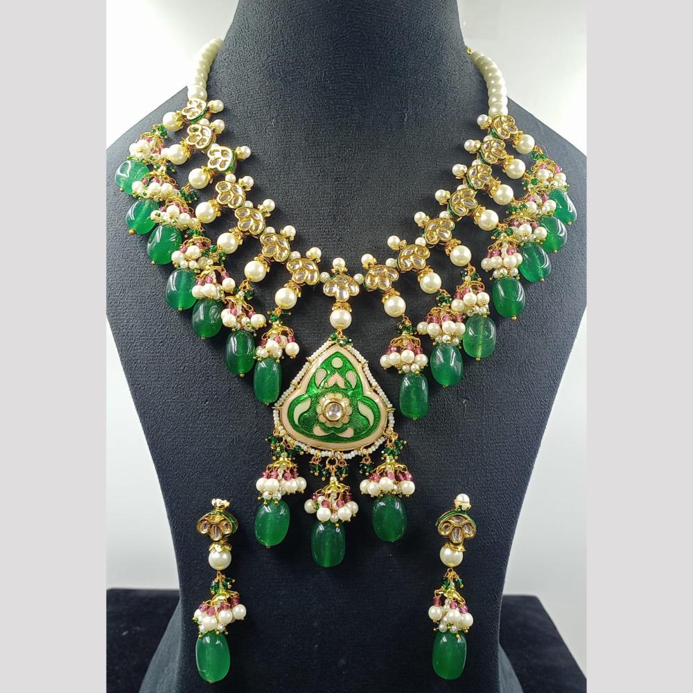 JCM Gold Plated Kundan Stone And Beads Meenakari Necklace Set