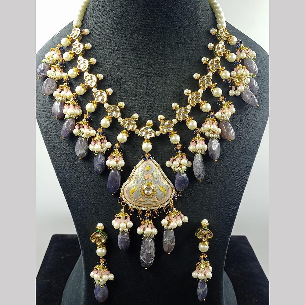 JCM Gold Plated Kundan Stone And Beads Meenakari Necklace Set