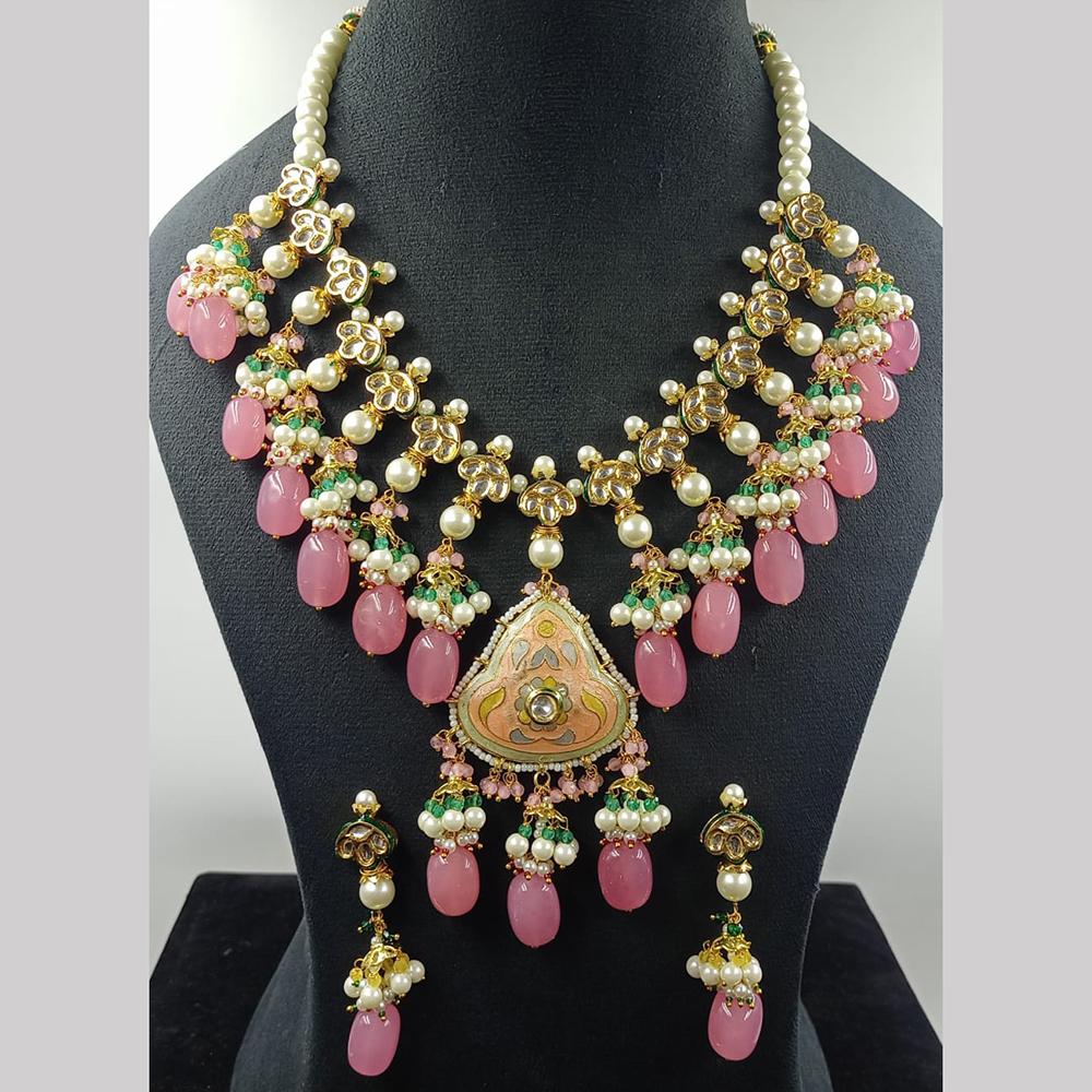 JCM Gold Plated Kundan Stone And Beads Meenakari Necklace Set