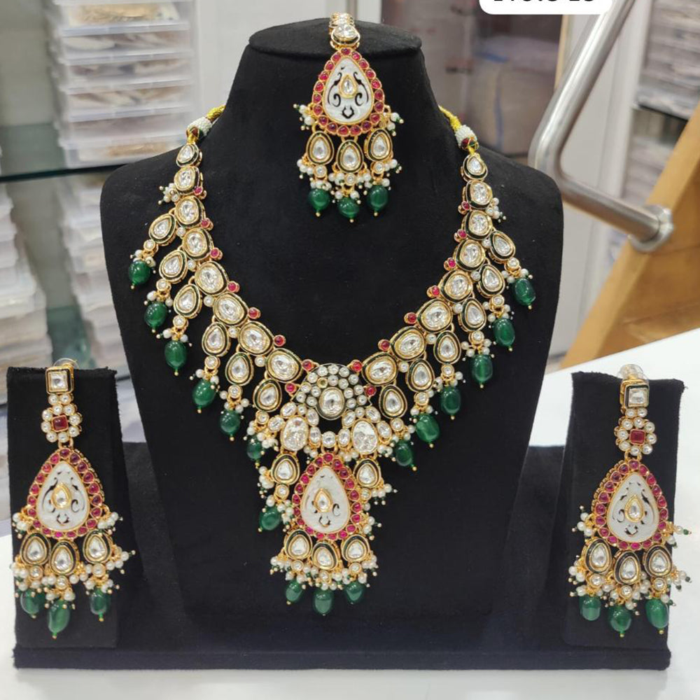 JCM Gold Plated Polki Kundan Stone And Beads Necklace Set