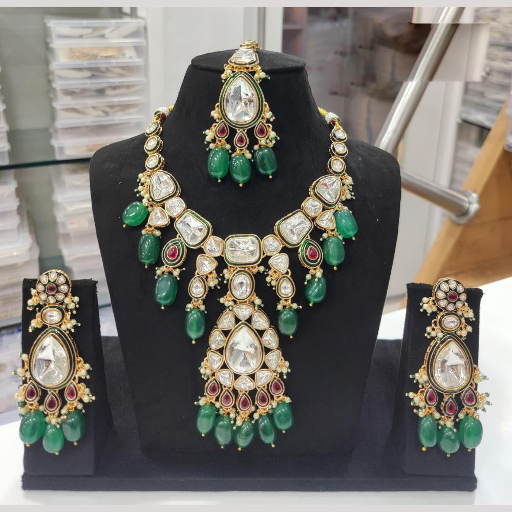 JCM Gold Plated Polki Kundan Stone And Beads Necklace Set