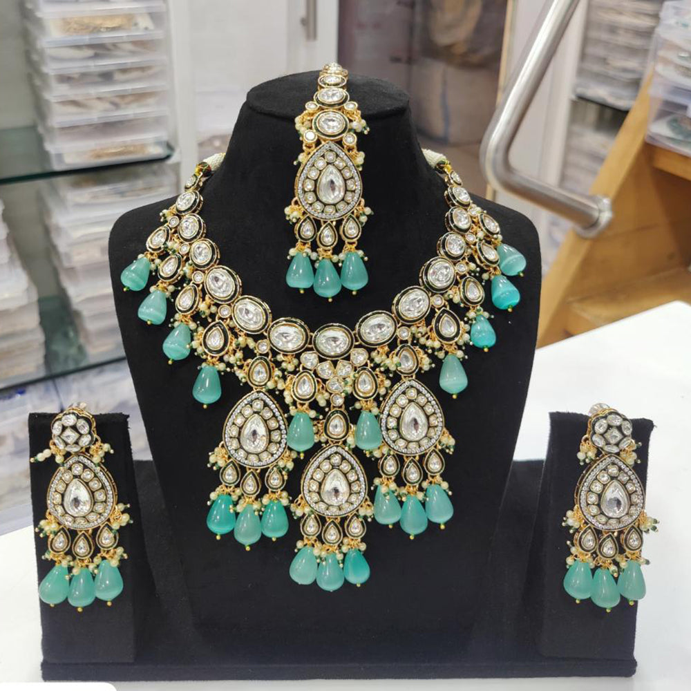 JCM Gold Plated Polki Kundan Stone And Beads Necklace Set