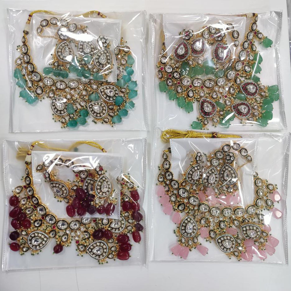 JCM Gold Plated Polki Kundan Stone And Beads Necklace Set