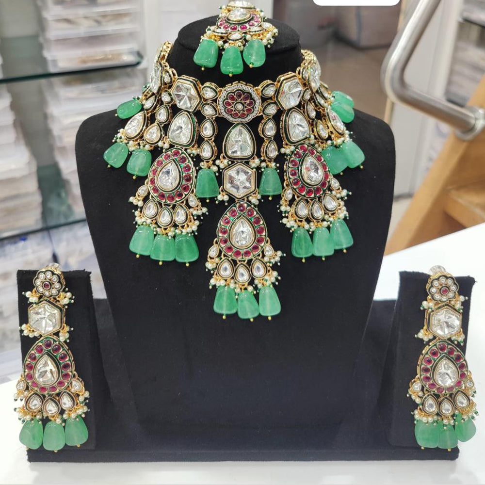 JCM Gold Plated Polki Kundan Stone And Beads Necklace Set