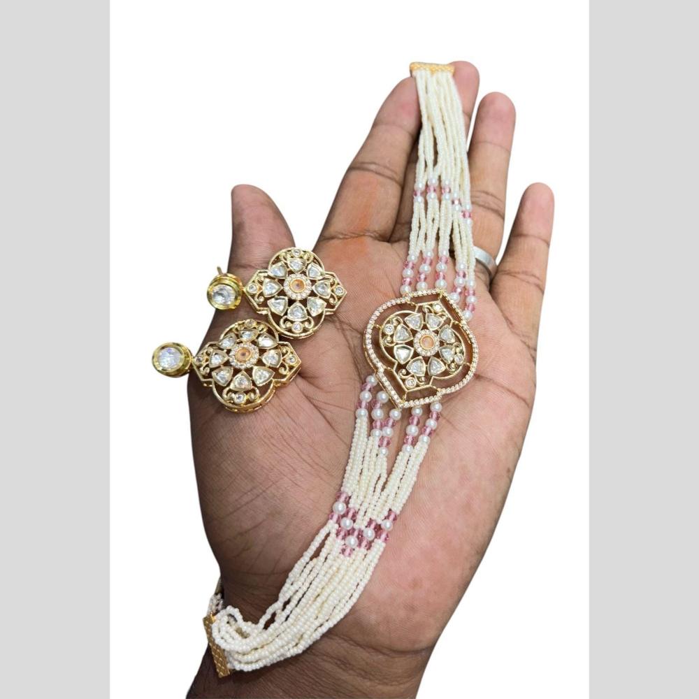 JCM Gold Plated Polki Kundan Stone And Pearl Choker Necklace Set