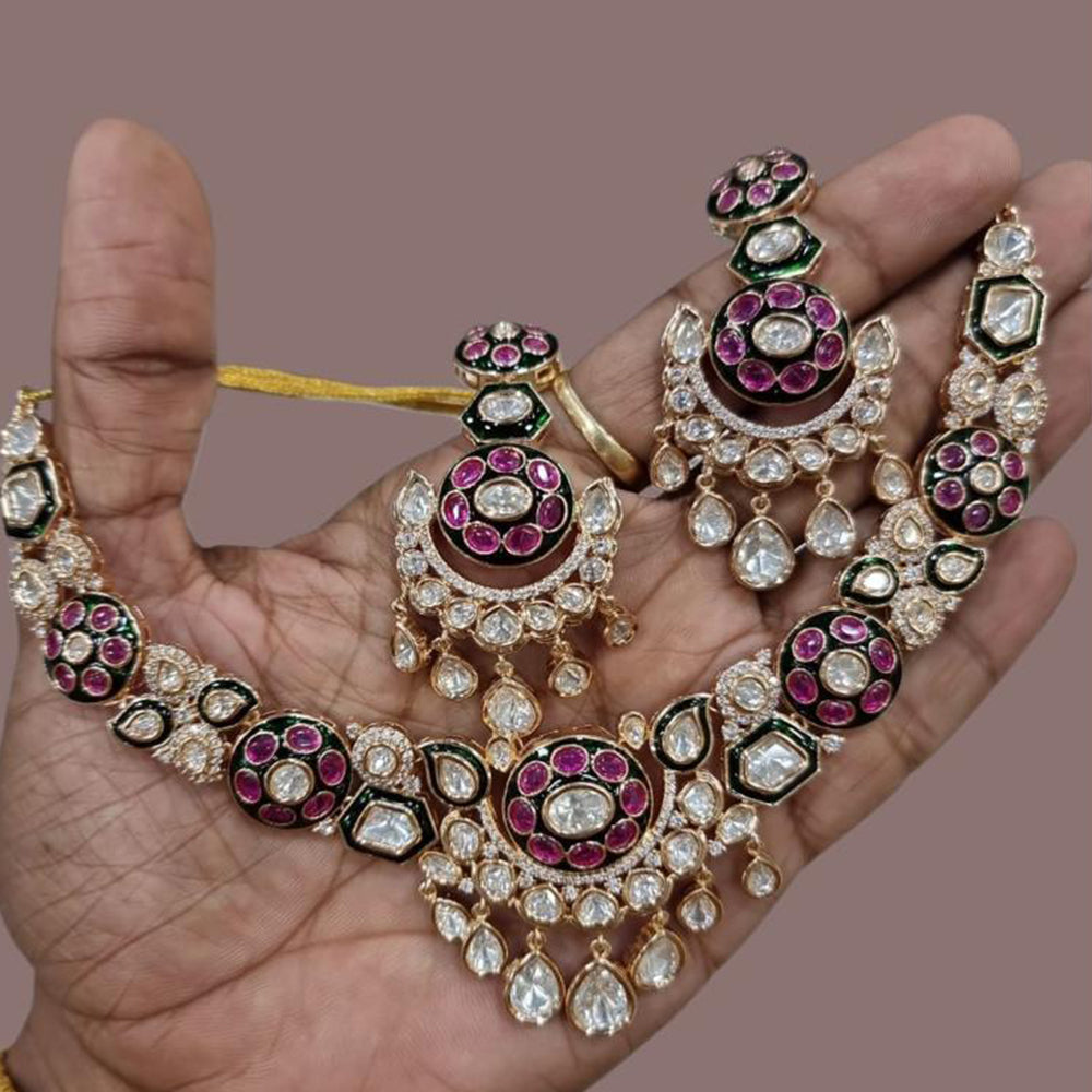 JCM Gold Plated Polki Kundan Stone Meenakari Necklace Set