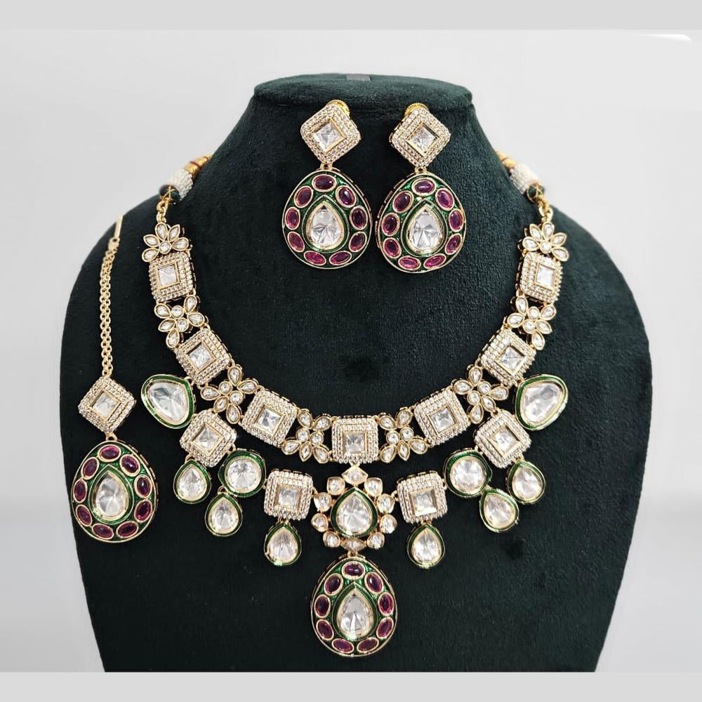 JCM Gold Plated Polki Kundan Stone Meenakari Necklace Set