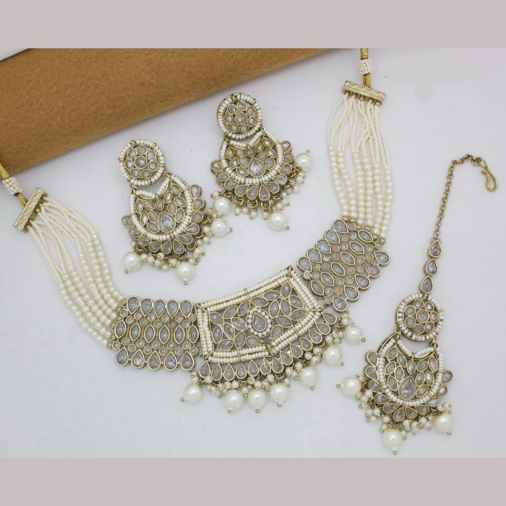 JCM Gold Plated Crystal Stone And Pearl Choker Necklace Set