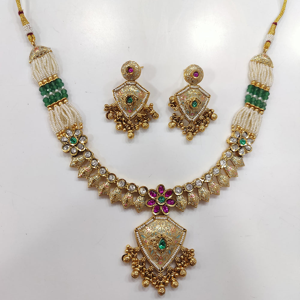 JCM Gold Plated Kundan Stone And Pearls Necklace Set