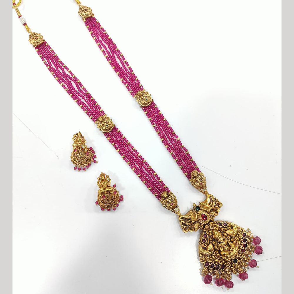 JCM Gold Plated Pota Stone And Beads Temple Long Necklace Set