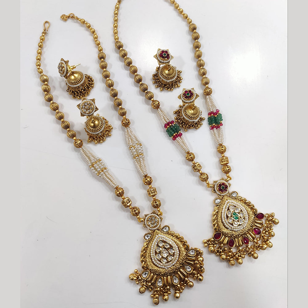 JCM Gold Plated Kundan Stone And Pearls Long Necklace Set
