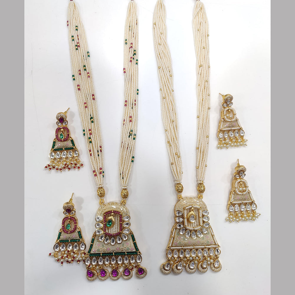 JCM Gold Plated Kundan Stone And Pearls Meenakari Long Necklace Set