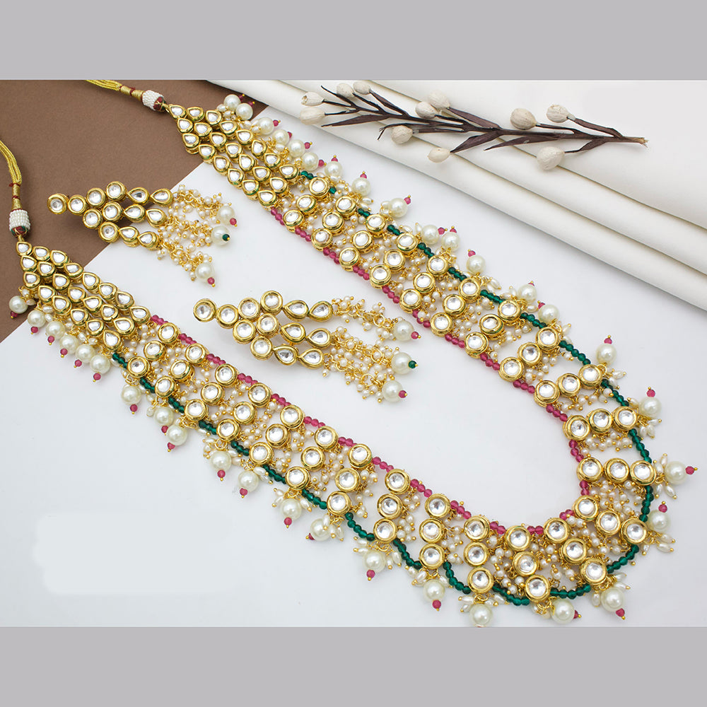 JCM Gold Plated Kundan Stone And Pearls Long Necklace Set