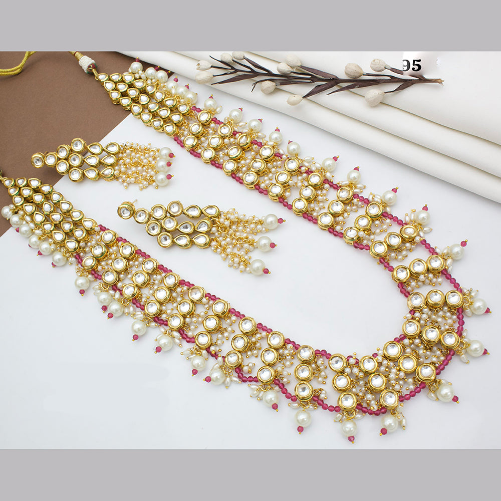 JCM Gold Plated Kundan Stone And Pearls Long Necklace Set