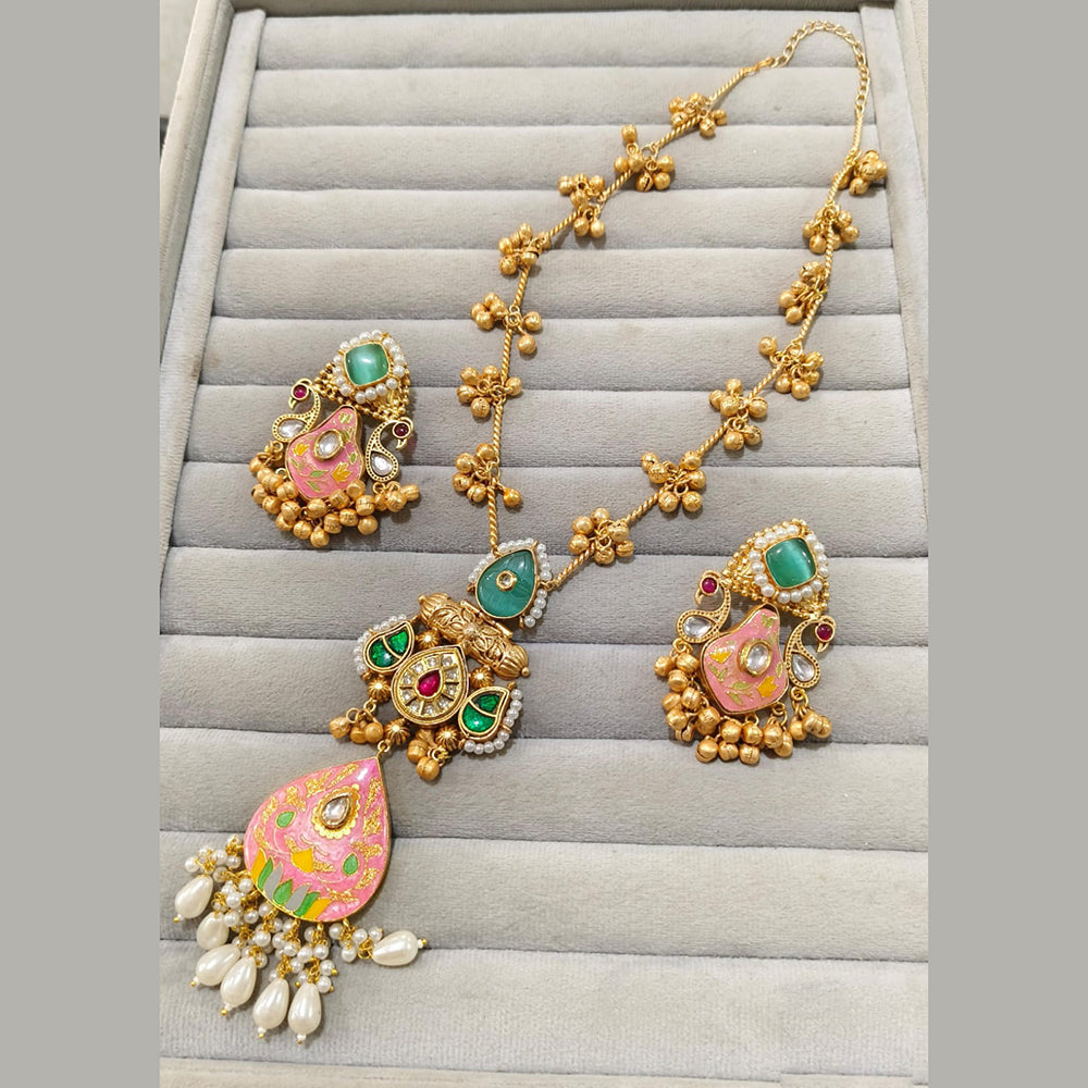 JCM Gold Plated Kundan And Pota Stone Long Necklace Set