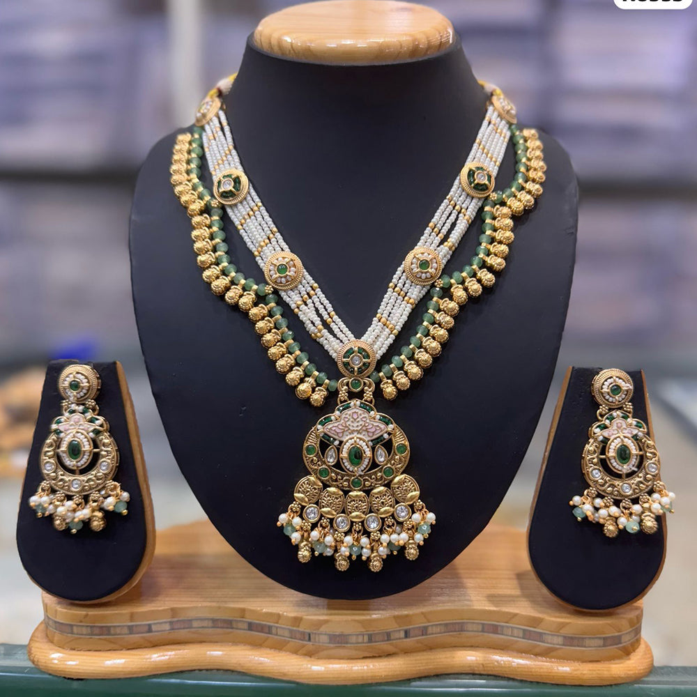 JCM Gold Plated Pota Stone And Pearls Meenakari Long Necklace Set