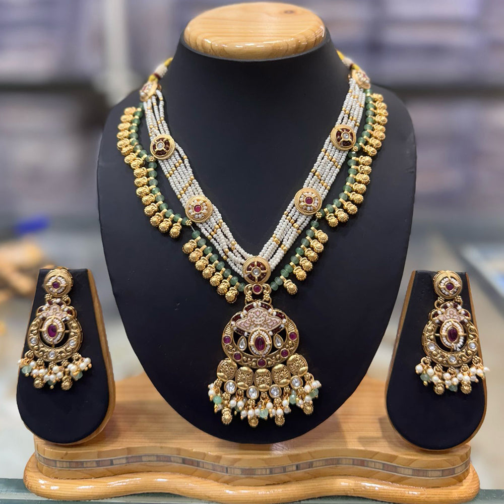 JCM Gold Plated Pota Stone And Pearls Meenakari Long Necklace Set