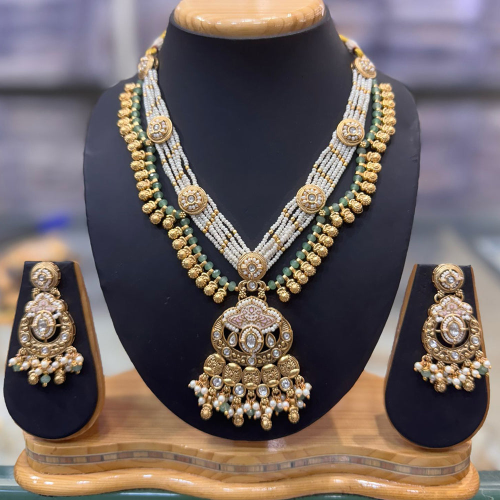 JCM Gold Plated Pota Stone And Pearls Meenakari Long Necklace Set