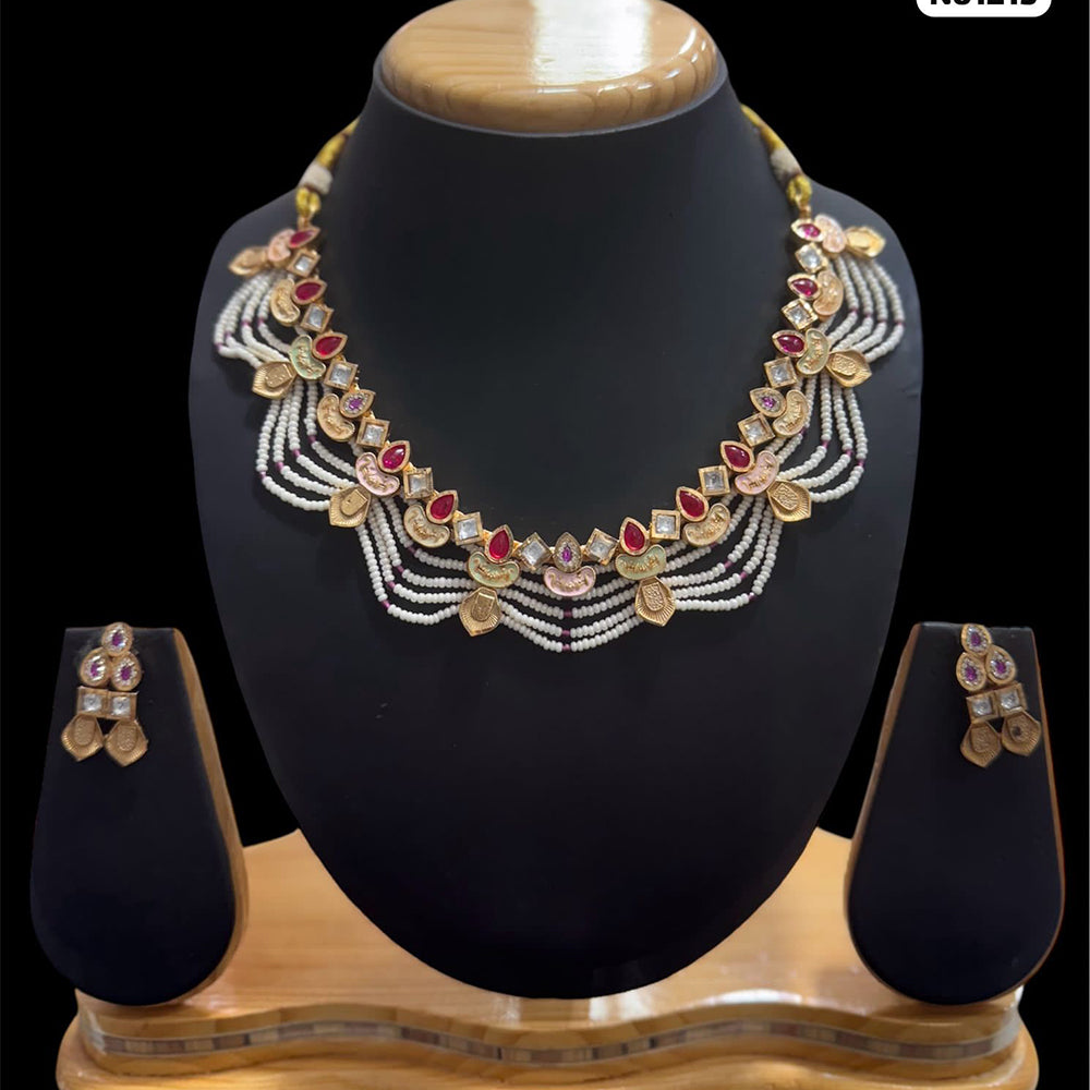 JCM Gold Plated Pota Stone And Pearls Meenakari Necklace Set